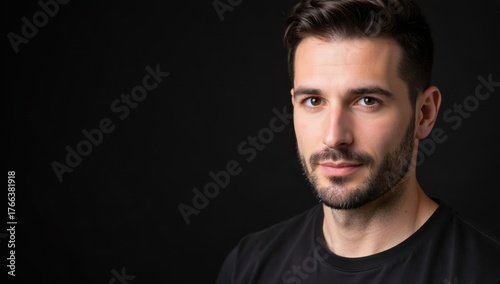 Handsome young man with a confident gaze posing against a dark background in a studio setting