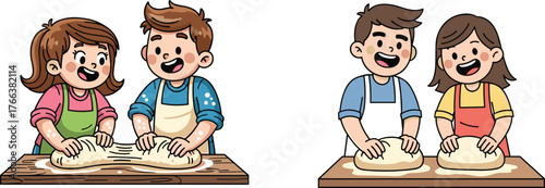 Children Kneading Dough Together, Cartoon Baking Activity Scene, Green, White, Blue, Yellow Aprons, Wooden Tables, Smiling Faces, Teamwork and Cooking Fun