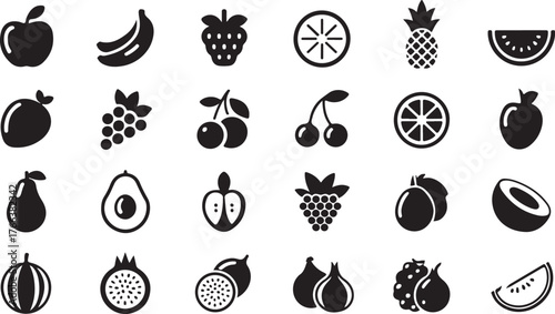 Collection of Fruit Icons in Black and White Simple and Modern Design for Various Creative Projects Fresh and Healthy Eating