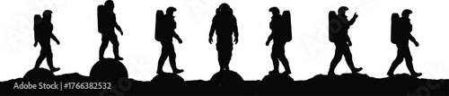 Astronaut silhouettes walking on alien surface, space exploration poses, futuristic science illustration for discovery, adventure, and cosmic design