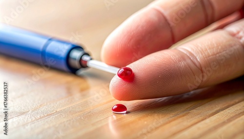 Blood Glucose Testing: Finger Prick with Lancet and Blood Droplets on Wooden Surface