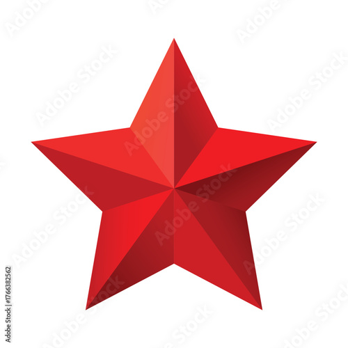 Red Christmas 3d Star glossy bright shine five angle star shape isolated on white Background. Icon for holiday design element.