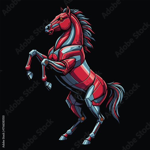 Futuristic Robotic Horse Rearing on Black Background