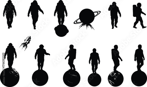 Astronaut silhouettes, space exploration, cosmic adventure, planetary surface, spaceship design, celestial bodies, futuristic concept, science illustration, galaxy theme, outer space art