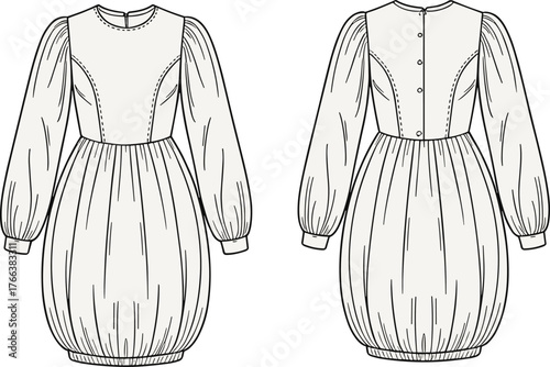 Fashion technical sketch, balloon hem puff sleeve dress, front and back view, garment construction, vector template, cad drawing flat vector illustration