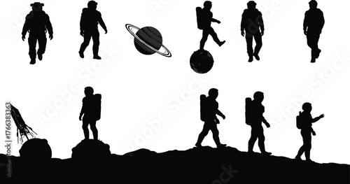 Astronaut silhouettes, space exploration, rocket launch, planetary surface, cosmic adventure, celestial bodies, futuristic design, science illustration, galaxy theme, outer space art