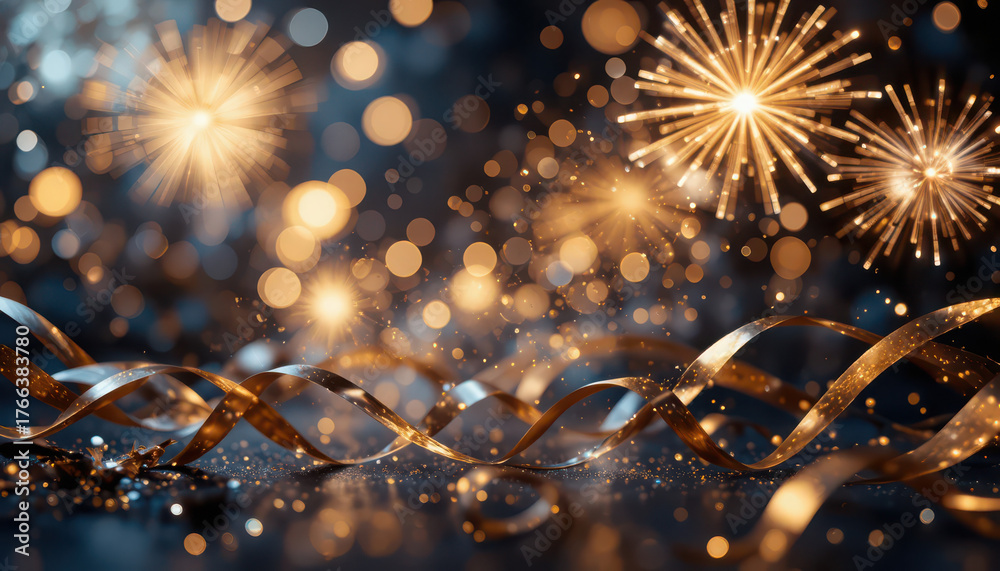 Fototapeta premium Golden ribbons and fireworks create a festive celebration scene