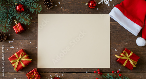 High angle view of empty letter on wooden table with christmas decoration. Top view of empty xmas wish list with little gift present and santa claus hat on wooden background.