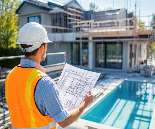 Construction manager reviews blueprints for a modern poolside ho