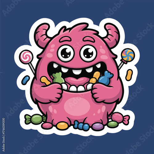 A pink cartoon monster with horns holding candy and surrounded by sweets on a blue background