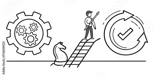 Man climbing ladder with spear, gear mechanism, chess piece, and circular arrows with checkmark symbol