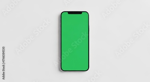 Sleek smartphone mock up with vibrant green screen for app promo or UI design showcase on clean white background, perfect for modern tech marketing