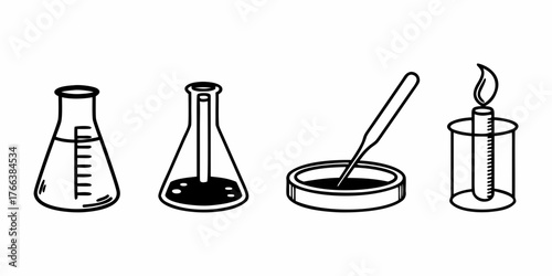 Illustration of laboratory equipment including flasks petri dish pipette and burner in black and white