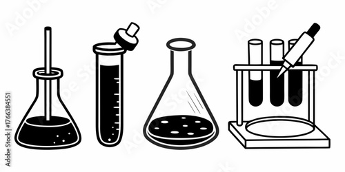 Illustration of laboratory glassware including flasks test tubes and a test tube rack in black and white