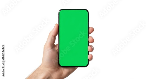 Modern smartphone with green screen held in hand, perfect for app promotion and digital marketing mockups, offering a sleek, contemporary feel