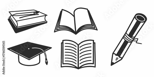 Illustration of education symbols including books graduation cap and a pencil in black and white style