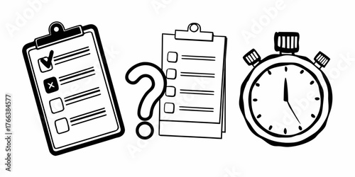 Illustration of clipboards with checkmarks and a question mark next to a stopwatch with hands at twelve o five