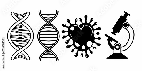 Two dna strands, a virus with a heart, and a microscope are shown in black and white drawing
