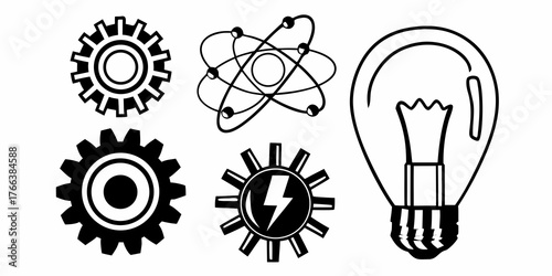 Illustration of gears, atom and lightbulb representing science and technology in black and white style
