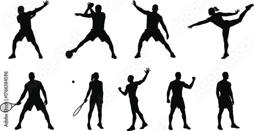 Athlete silhouettes in sports action, basketball, soccer, tennis, boxing, dance, fitness lifestyle, victory poses, dynamic movement, physical activity illustration