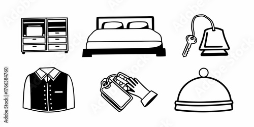 Illustration of hotel room items including bed wardrobe key tag uniform and room service tray