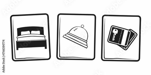 Three hotel icons depicting a bed service bell and key cards in black and white simple line drawing