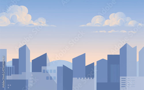 Stylized cityscape silhouette at dawn or dusk with soft pastel colored sky and clouds skyline buildings