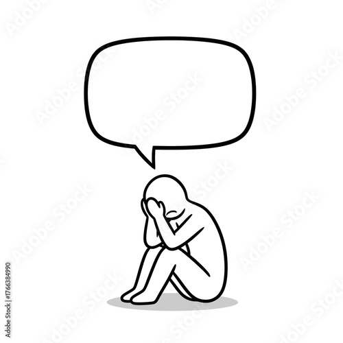 Depressed stickman standing alone with an empty speech bubble above, showing silence and hopeless emotion.