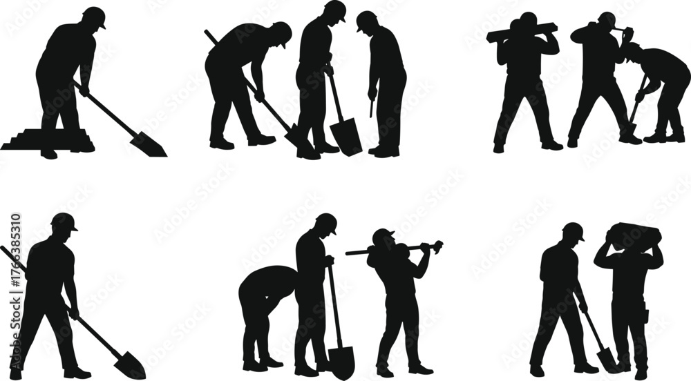 Obraz premium Construction Labor Silhouettes, Manual Work Scene, Shovel and Beam Handling, Team Coordination, Industrial Effort, Black Figures, Hard Hat Workers, Material Movement