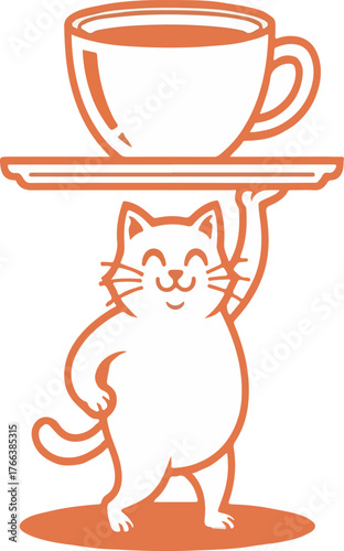 Happy cat mascot holding coffee cup on tray vector logo design isolated on white background