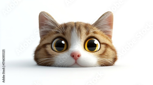 Close up of a cartoon cat face with big eyes and pink nose on a white background looking adorable