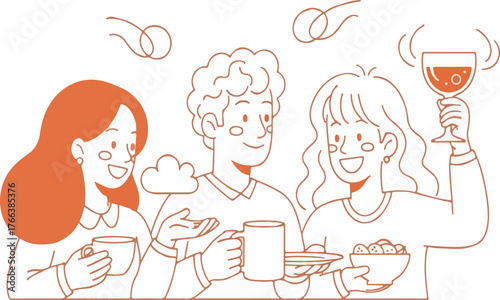 Happy friends enjoying a party, toasting drinks, and eating snacks simple vector illustration.