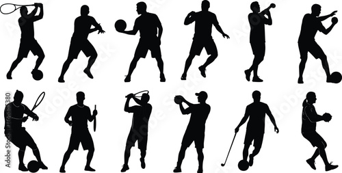 Athlete silhouettes playing sports, tennis soccer basketball boxing baseball golf rugby, dynamic action poses, fitness illustration, active lifestyle design, vector art collection