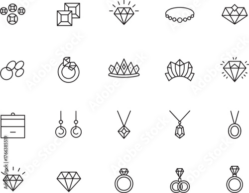 Elegant Jewelry Collection Icon Set Vector Graphic with Rings Diamonds and Necklaces Minimalist Line Art Design