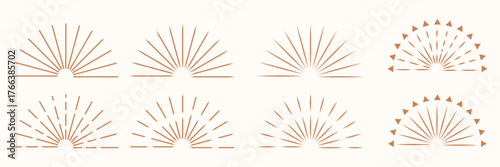 Vintage starburst. Sunburst shapes, bursting sun rays, sunshine. Radial fireworks burst, sunset and sunrise, star beams, sparkle elements. Vector classic boho logo line set