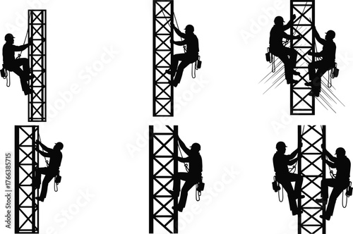 Construction Workers Climbing Scaffolding Silhouettes, Black Industrial Safety Scene, Harnesses, Tools, Lattice Structure, Vertical Work, Maintenance, Labor, Height, Motion