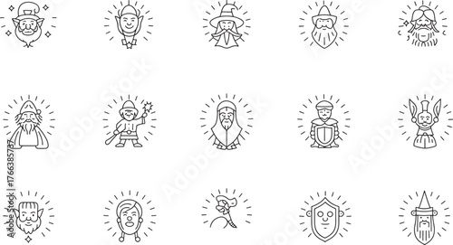 Fantasy Character Icons Set of Mythical Creatures Wizards Elves Knights and More Line Art Isolated on White Background