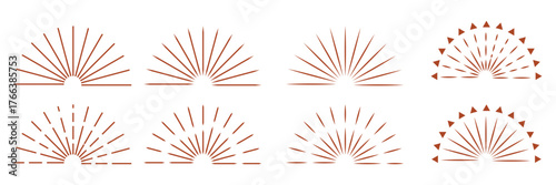 Vintage starburst. Sunburst shapes, bursting sun rays, sunshine. Radial fireworks burst, sunset and sunrise, star beams, sparkle elements. Vector classic boho logo line set