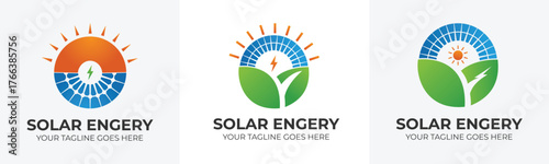 Clean energy logo designs showcase solar power and nature's harmony, perfect for branding eco-friendly initiatives and renewable tech startups