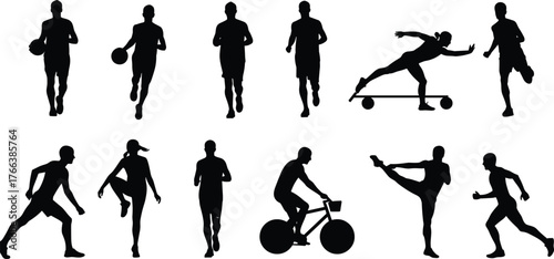 Athlete silhouettes, running, jogging, cycling, roller skating, basketball, sports training, fitness, exercise, movement, dance, sprinting, workout, active 