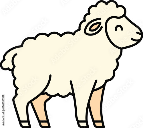 A cartoon illustration of a fluffy cream colored sheep with black outlines