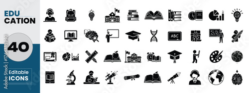 Collection of diverse education and learning icons in a distinct silhouette style