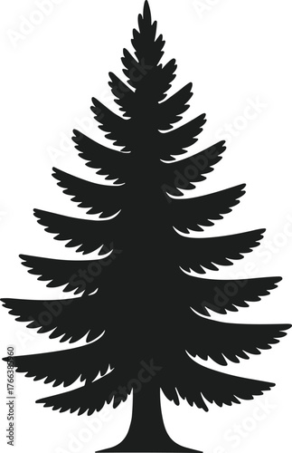 Black silhouette of a coniferous tree with layered branches on a white background