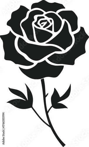 Black rose flower with stem and leaves vector graphic