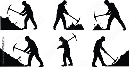 Pickaxe Labor Silhouettes, Manual Excavation Scene, Mining or Digging Action, Hard Hat Gear, Industrial Effort, Black Figures, Earthwork Posture