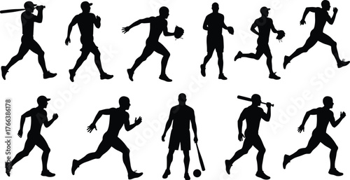 Baseball player silhouettes in action, batting, pitching, running, sports performance, athletic movement, fitness lifestyle, dynamic game illustration, outdoor recreation