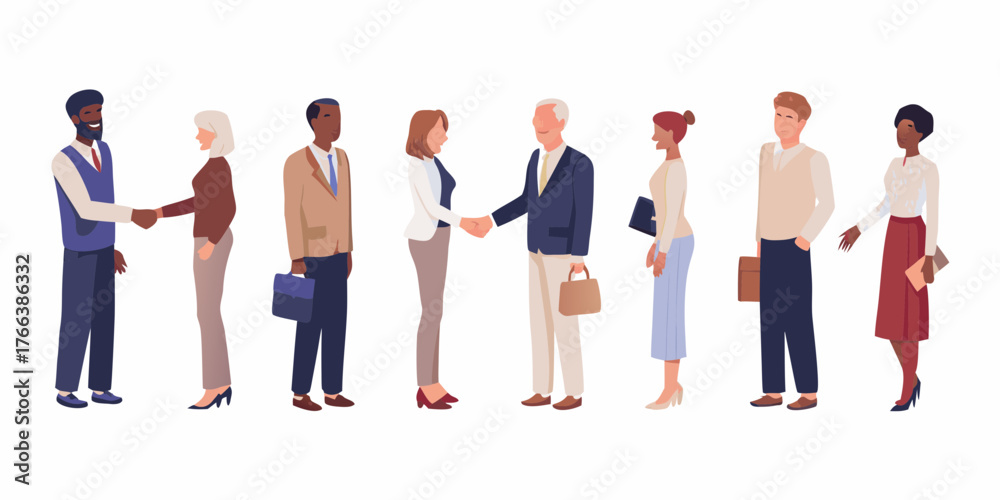 Fototapeta premium Diverse group of business professionals shaking hands and standing together in a line