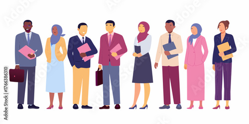 Diverse group of professionals in business attire holding folders and briefcases standing together