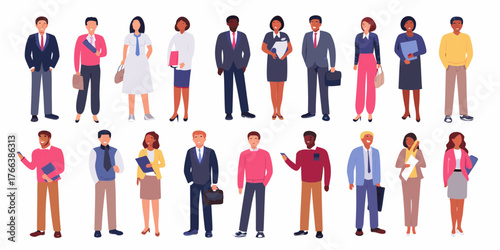 Diverse group of professional men and women in business attire standing together against a white background