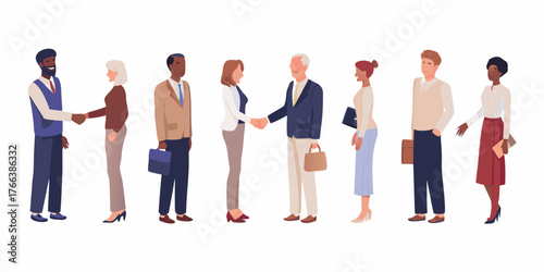 Diverse group of business professionals shaking hands and standing together in a line